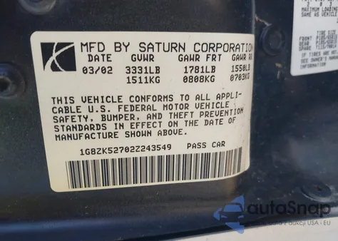 2002 Saturn S-Series Sl2 из США, поврежденный, VIN 1G8ZK52702Z243549